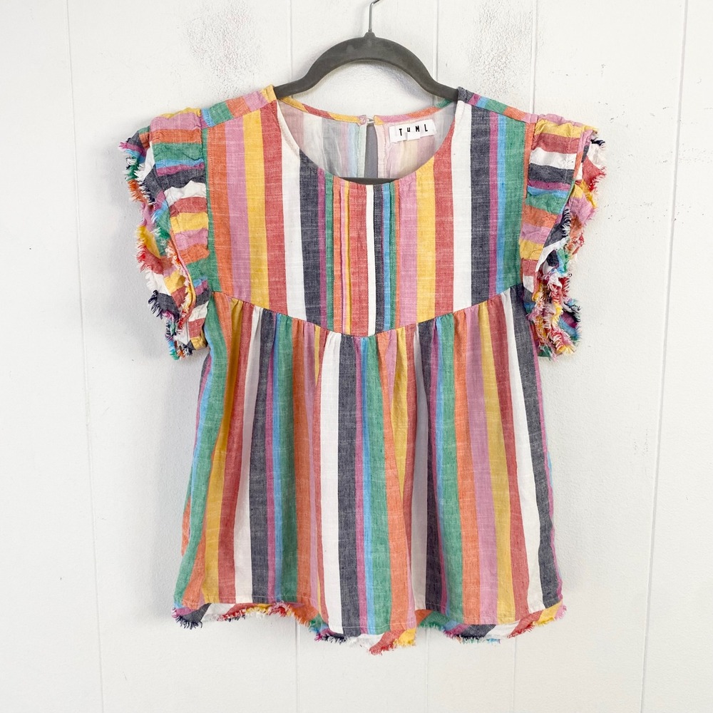 THML Womens Sz M Multi Color Striped Frayed Flutter Sleeve Babydoll Top